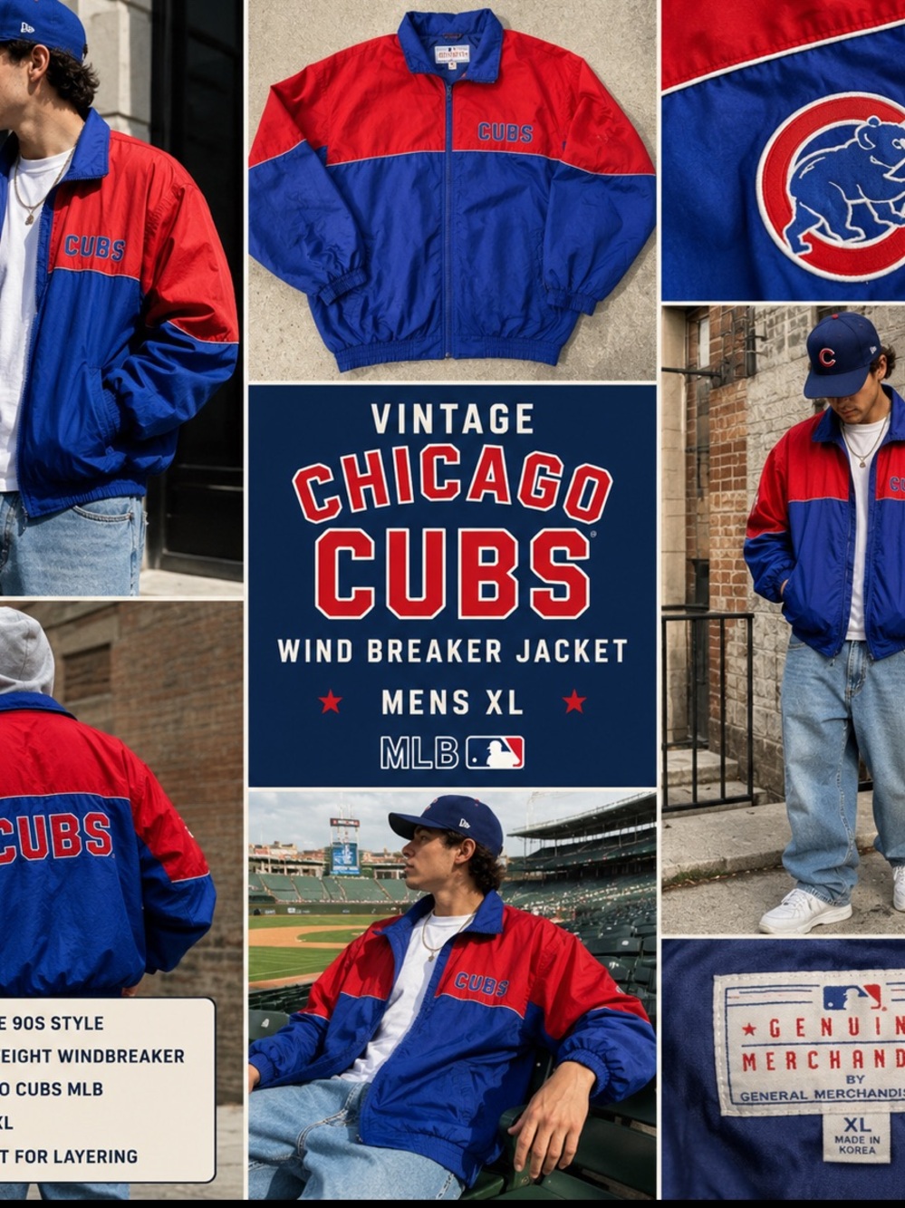 Vintage Chicago Cubs Windbreaker Jacket Mens XL Red Blue MLB Colorblock 90s Fans